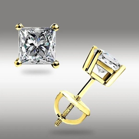 14K SOLID YELLOW GOLD 1.00 CT PRINCESS CUT MOISSANITE PUSH  1.0 Ct Princess Cut Moissanite Studs Earrings Solid 14k Yellow Gold Screw Back